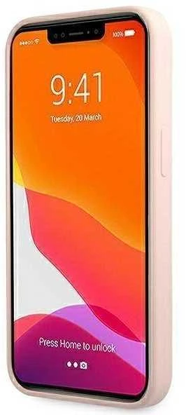 Guess dėklas iPhone 13 Pro / 13 6,1 GUHMP13LLLSLMGLP šviesiai rožinės spalvos kietasis dėklas Silikoninis Script Gold Logo Magsafe