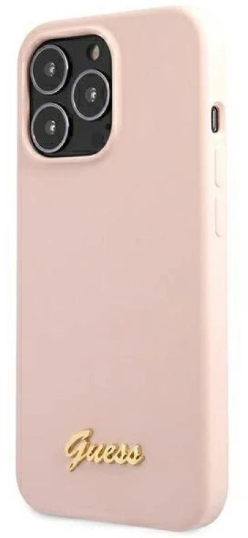 Guess dėklas iPhone 13 Pro / 13 6,1 GUHMP13LLLSLMGLP šviesiai rožinės spalvos kietasis dėklas Silikoninis Script Gold Logo Magsafe