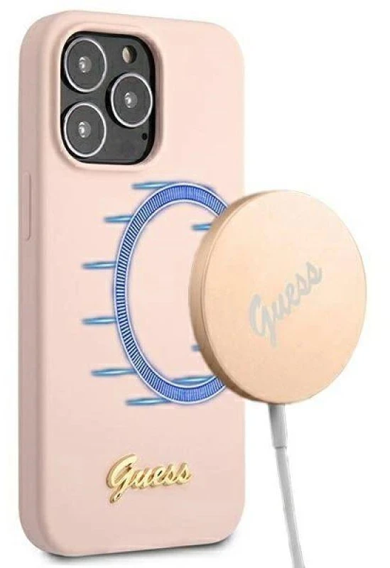 Guess dėklas iPhone 13 Pro / 13 6,1 GUHMP13LLLSLMGLP šviesiai rožinės spalvos kietasis dėklas Silikoninis Script Gold Logo Magsafe