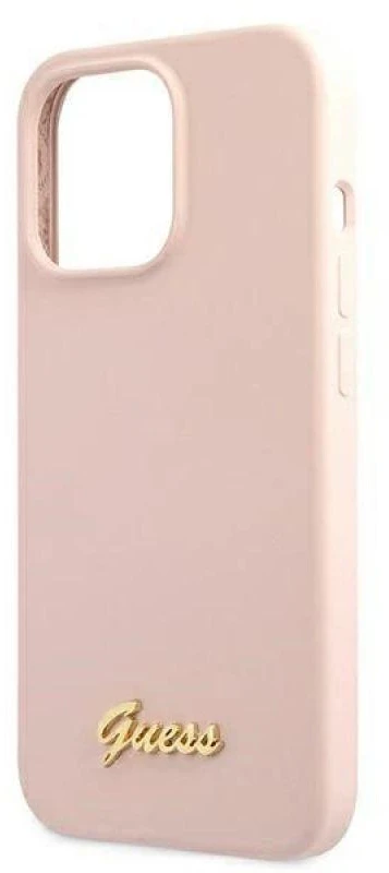 Guess dėklas iPhone 13 Pro / 13 6,1 GUHMP13LLLSLMGLP šviesiai rožinės spalvos kietasis dėklas Silikoninis Script Gold Logo Magsafe