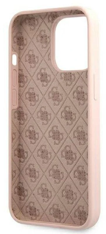 Guess dėklas iPhone 13 Pro / 13 6,1 GUHMP13LLLSLMGLP šviesiai rožinės spalvos kietasis dėklas Silikoninis Script Gold Logo Magsafe