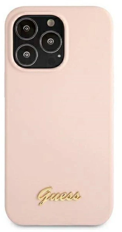 Guess dėklas iPhone 13 Pro / 13 6,1 GUHMP13LLLSLMGLP šviesiai rožinės spalvos kietasis dėklas Silikoninis Script Gold Logo Magsafe