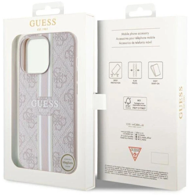 Guess GUHMP13LP4RPSP Apple iPhone 13 Pro / 13 6,1″ rožinės spalvos kietas dėklas 4G Printed Stripes MagSafe