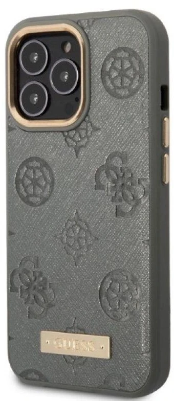 Guess GUHMP13LSAPSTG Apple iPhone 13 Pro / 13 6,1″ pilkas kietas dėklas Peony Logo Plate MagSafe