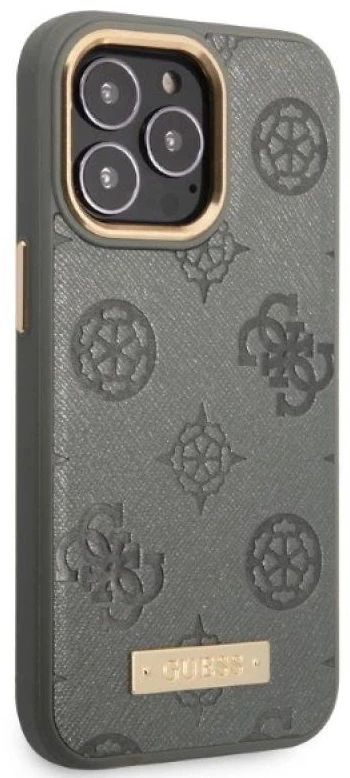 Guess GUHMP13LSAPSTG Apple iPhone 13 Pro / 13 6,1″ pilkas kietas dėklas Peony Logo Plate MagSafe