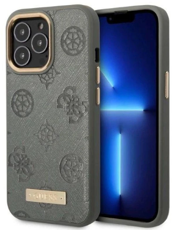 Guess GUHMP13LSAPSTG Apple iPhone 13 Pro / 13 6,1″ pilkas kietas dėklas Peony Logo Plate MagSafe