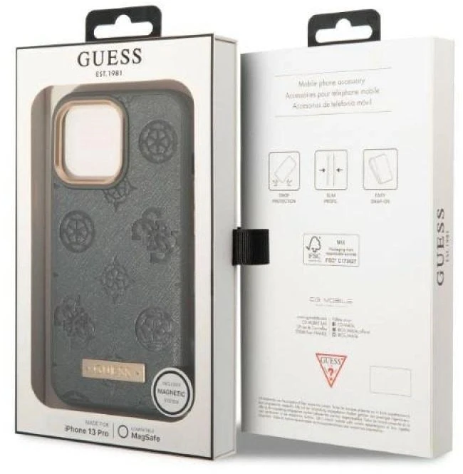 Guess GUHMP13LSAPSTG Apple iPhone 13 Pro / 13 6,1″ pilkas kietas dėklas Peony Logo Plate MagSafe