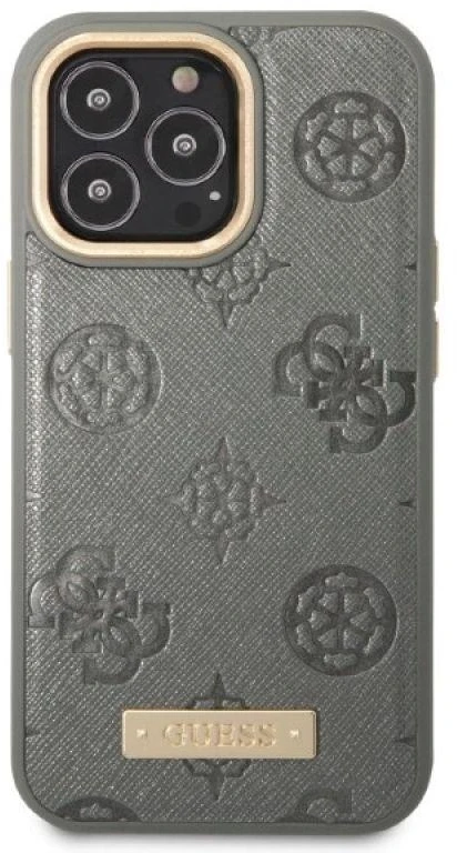 Guess GUHMP13LSAPSTG Apple iPhone 13 Pro / 13 6,1″ pilkas kietas dėklas Peony Logo Plate MagSafe
