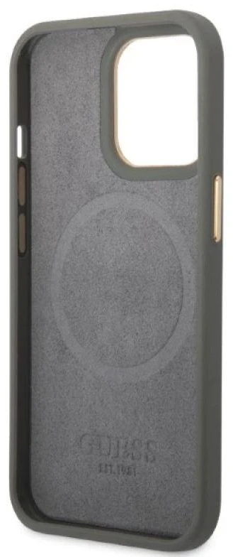 Guess GUHMP13LSAPSTG Apple iPhone 13 Pro / 13 6,1″ pilkas kietas dėklas Peony Logo Plate MagSafe