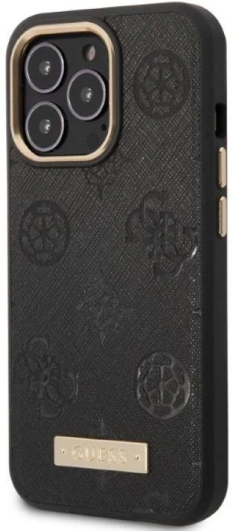 Guess GUHMP13LSAPSTK Apple iPhone 13 Pro / 13 6,1″ juodos spalvos kietas dėklas Peony Logo Plate MagSafe