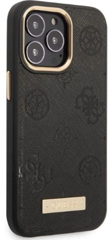 Guess GUHMP13LSAPSTK Apple iPhone 13 Pro / 13 6,1″ juodos spalvos kietas dėklas Peony Logo Plate MagSafe
