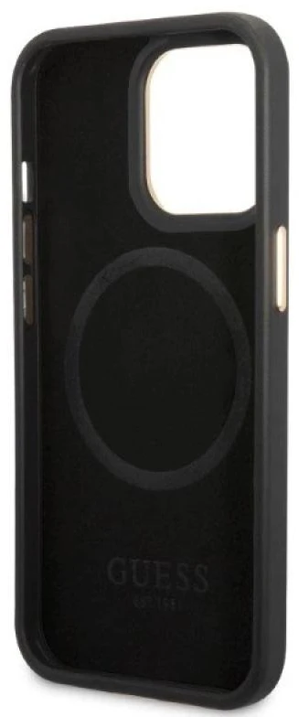 Guess GUHMP13LSAPSTK Apple iPhone 13 Pro / 13 6,1″ juodos spalvos kietas dėklas Peony Logo Plate MagSafe