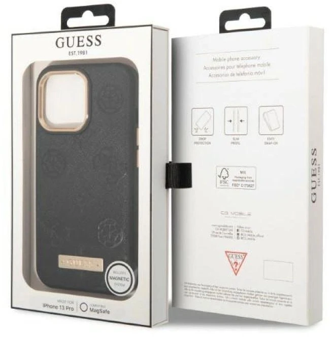Guess GUHMP13LSAPSTK Apple iPhone 13 Pro / 13 6,1″ juodos spalvos kietas dėklas Peony Logo Plate MagSafe