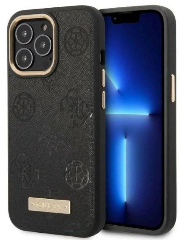 Guess GUHMP13LSAPSTK Apple iPhone 13 Pro / 13 6,1″ juodos spalvos kietas dėklas Peony Logo Plate MagSafe