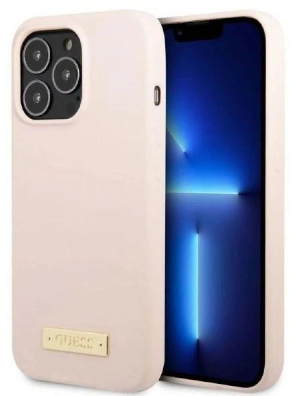 Guess GUHMP13LSPLP Apple iPhone 13 Pro / 13 6,1″ rožinės spalvos kietas dėklas Silicone Logo Plate MagSafe