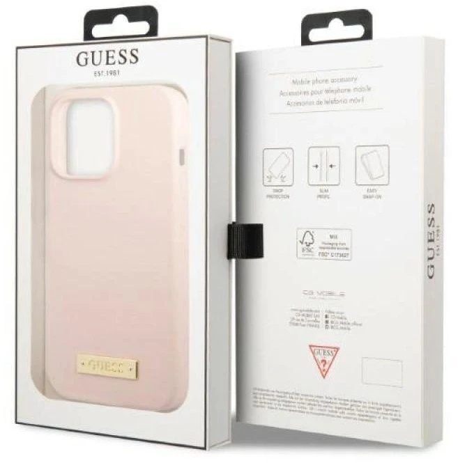 Guess GUHMP13LSPLP Apple iPhone 13 Pro / 13 6,1″ rožinės spalvos kietas dėklas Silicone Logo Plate MagSafe