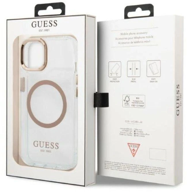 Guess GUHMP13MHTRMD Apple iPhone 13 / 14 / 15 6.1″ auksinis kietas dėklas Metal Outline Magsafe