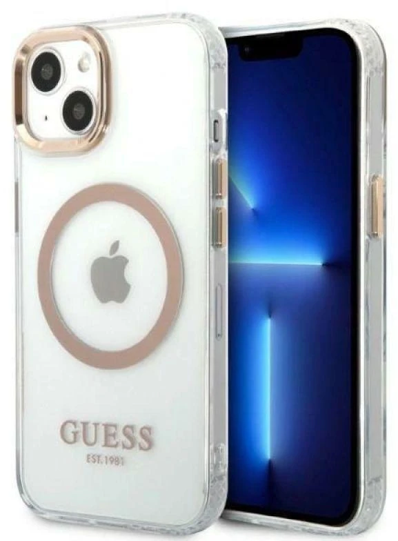Guess GUHMP13MHTRMD Apple iPhone 13 / 14 / 15 6.1″ auksinis kietas dėklas Metal Outline Magsafe