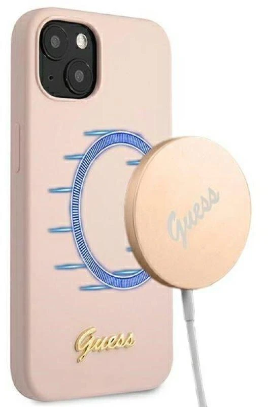 Guess GUHMP13MLSLMGLP Apple iPhone 13 / 14 /15 6,1″ light rožinės spalvos kietas dėklas Silicone Script Gold Logo Magsaf