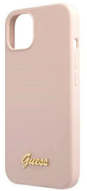 Guess GUHMP13MLSLMGLP Apple iPhone 13 / 14 /15 6,1″ light rožinės spalvos kietas dėklas Silicone Script Gold Logo Magsaf