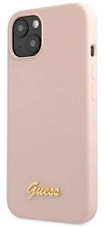 Guess GUHMP13MLSLMGLP Apple iPhone 13 / 14 /15 6,1″ light rožinės spalvos kietas dėklas Silicone Script Gold Logo Magsaf
