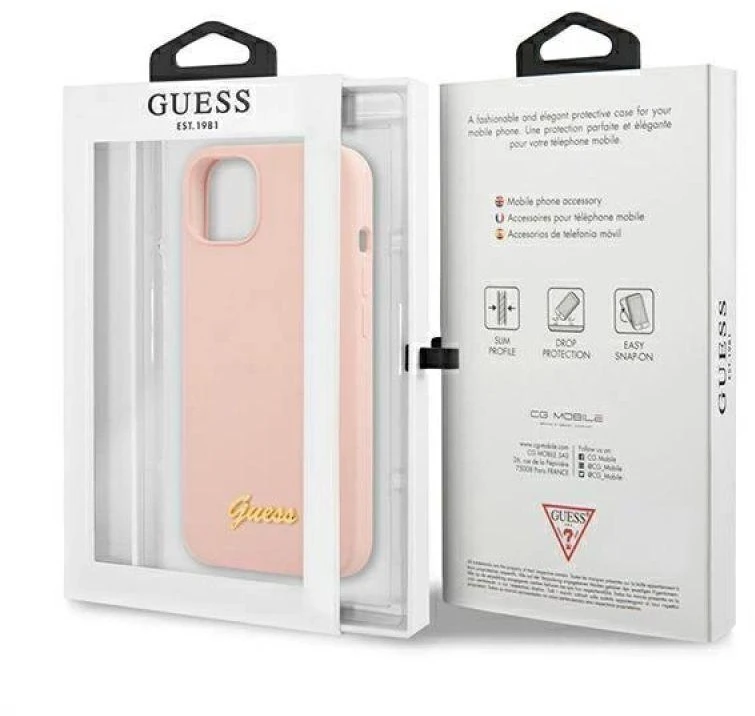 Guess GUHMP13MLSLMGLP Apple iPhone 13 / 14 /15 6,1″ light rožinės spalvos kietas dėklas Silicone Script Gold Logo Magsaf
