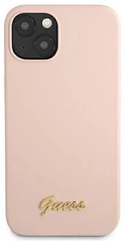 Guess GUHMP13MLSLMGLP Apple iPhone 13 / 14 /15 6,1″ light rožinės spalvos kietas dėklas Silicone Script Gold Logo Magsaf