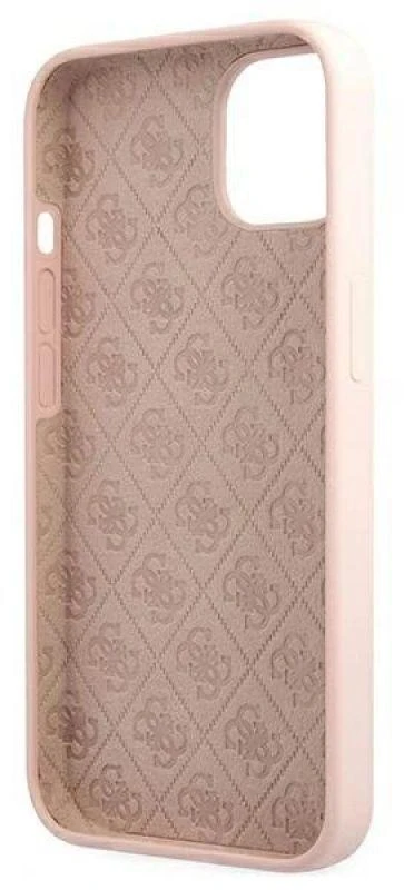 Guess GUHMP13MLSLMGLP Apple iPhone 13 / 14 /15 6,1″ light rožinės spalvos kietas dėklas Silicone Script Gold Logo Magsaf