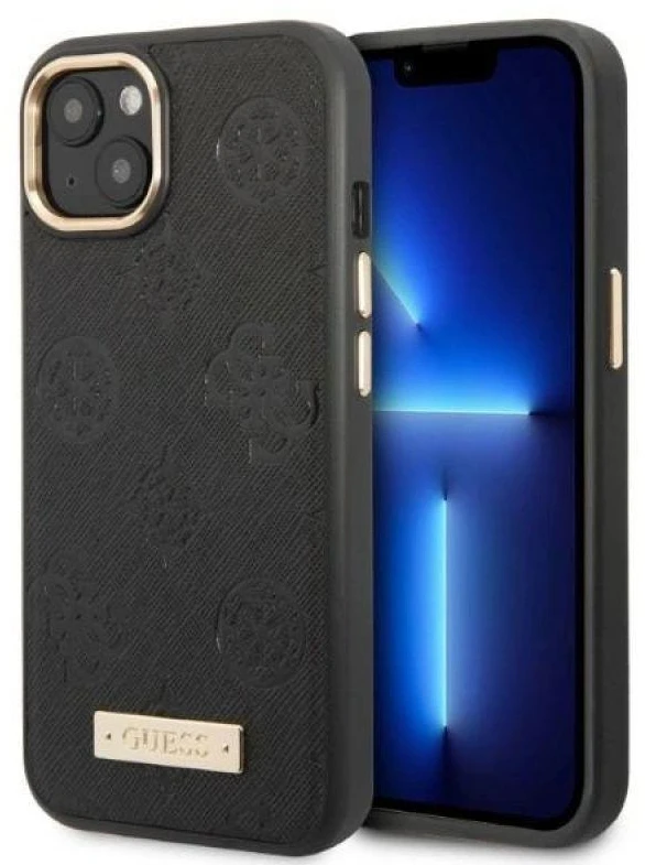 Guess GUHMP13MSAPSTK Apple iPhone 13 / 14 / 15 6.1″ juodos spalvos kietas dėklas Peony Logo Plate MagSafe