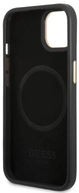 Guess GUHMP13MSAPSTK Apple iPhone 13 / 14 / 15 6.1″ juodos spalvos kietas dėklas Peony Logo Plate MagSafe