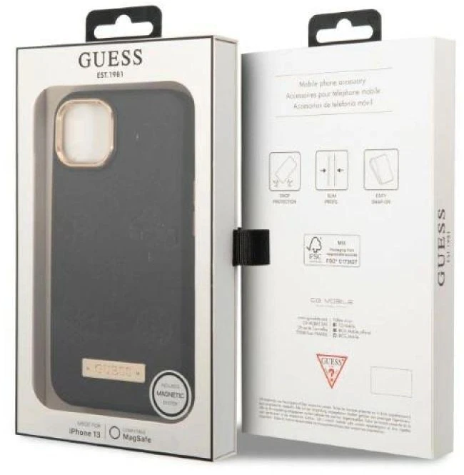 Guess GUHMP13MSAPSTK Apple iPhone 13 / 14 / 15 6.1″ juodos spalvos kietas dėklas Peony Logo Plate MagSafe