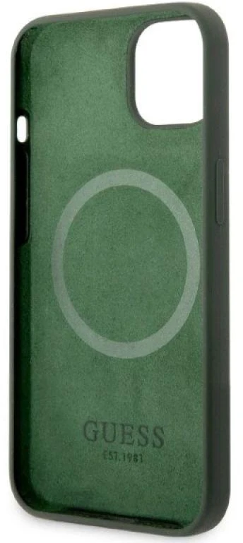 Guess GUHMP13MSBPLA Apple iPhone 13 / 14 / 15 6.1″ khaki kietas dėklas Silicone Logo Plate MagSafe
