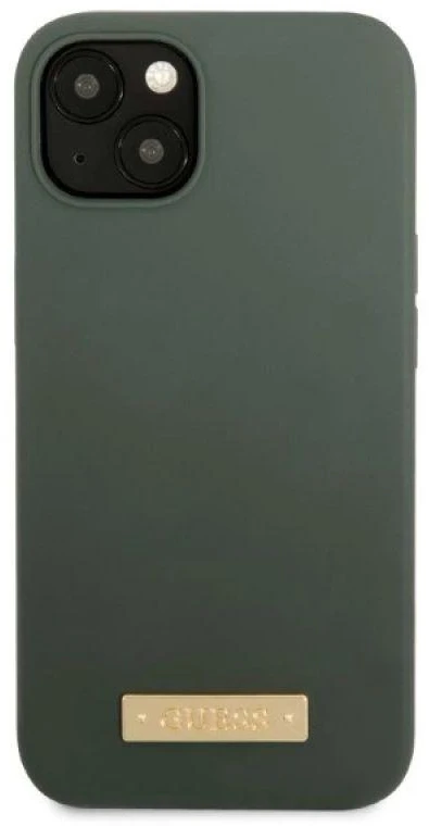 Guess GUHMP13MSBPLA Apple iPhone 13 / 14 / 15 6.1″ khaki kietas dėklas Silicone Logo Plate MagSafe