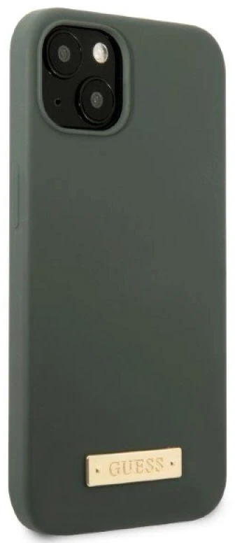 Guess GUHMP13MSBPLA Apple iPhone 13 / 14 / 15 6.1″ khaki kietas dėklas Silicone Logo Plate MagSafe