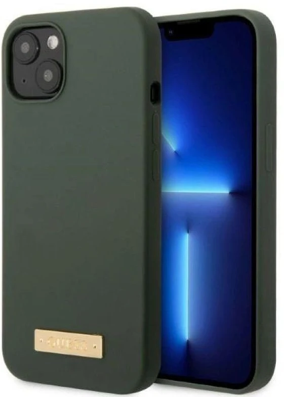 Guess GUHMP13MSBPLA Apple iPhone 13 / 14 / 15 6.1″ khaki kietas dėklas Silicone Logo Plate MagSafe