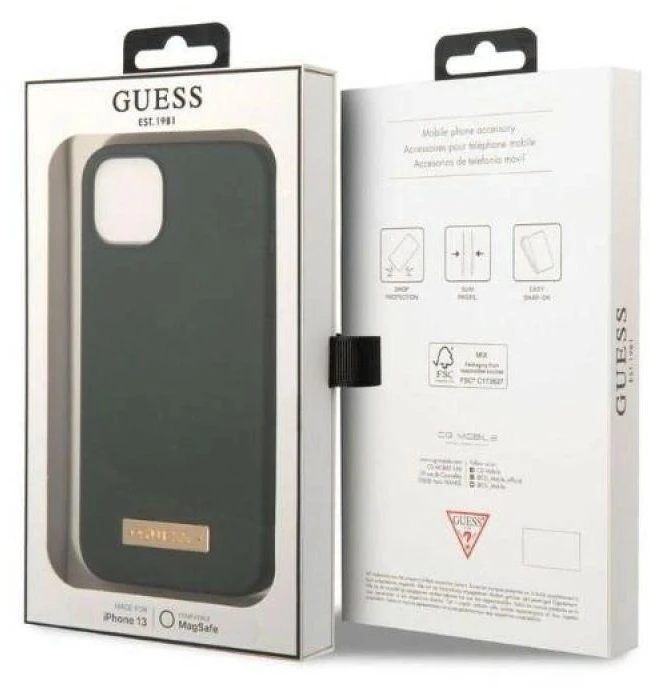 Guess GUHMP13MSBPLA Apple iPhone 13 / 14 / 15 6.1″ khaki kietas dėklas Silicone Logo Plate MagSafe