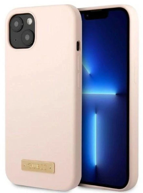 Guess GUHMP13MSBPLP Apple iPhone 13 / 14 / 15 6.1″ rožinės spalvos kietas dėklas Silicone Logo Plate MagSafe