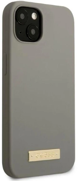 Guess GUHMP13MSPLG Apple iPhone 13 / 14 / 15 6.1″ pilkas kietas dėklas Silicone Logo Plate MagSafe