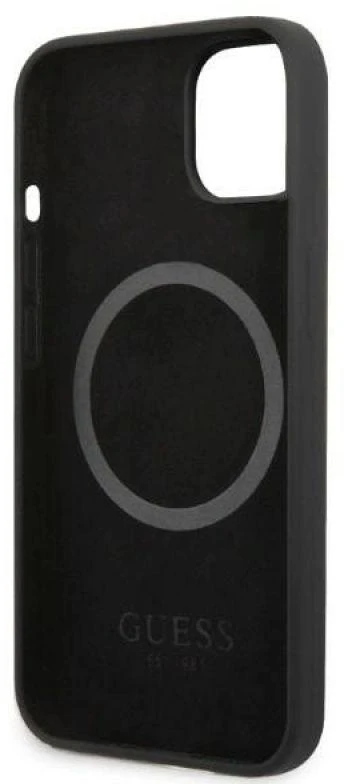 Guess GUHMP13MSPLK Apple iPhone 13 / 14 / 15 6.1″juodos spalvos kietas dėklas Silicone Logo Plate MagSafe