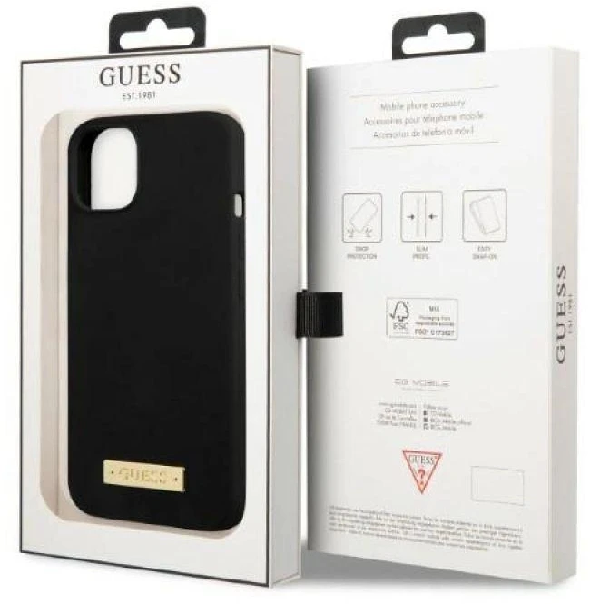 Guess GUHMP13MSPLK Apple iPhone 13 / 14 / 15 6.1″juodos spalvos kietas dėklas Silicone Logo Plate MagSafe