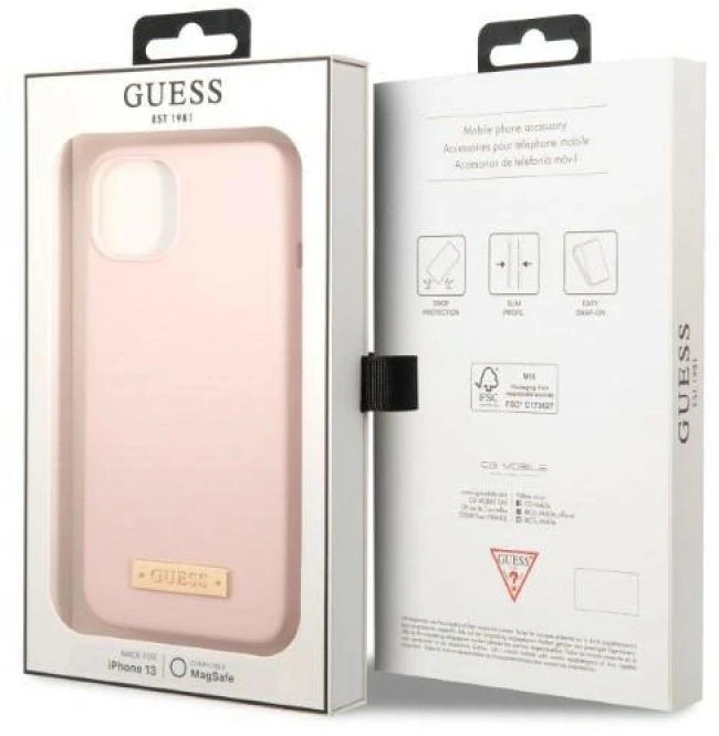 Guess GUHMP13SSBPLP Apple iPhone 13 mini 5,4″ rožinės spalvos kietas dėklas Silicone Logo Plate MagSafe