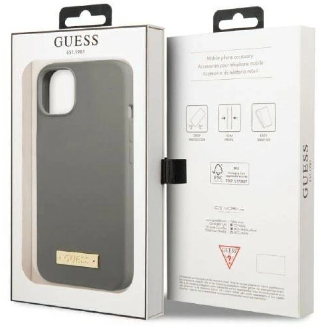 Guess GUHMP13SSPLG Apple iPhone 13 mini 5,4″ pilkas kietas dėklas Silicone Logo Plate MagSafe