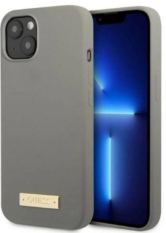 Guess GUHMP13SSPLG Apple iPhone 13 mini 5,4″ pilkas kietas dėklas Silicone Logo Plate MagSafe