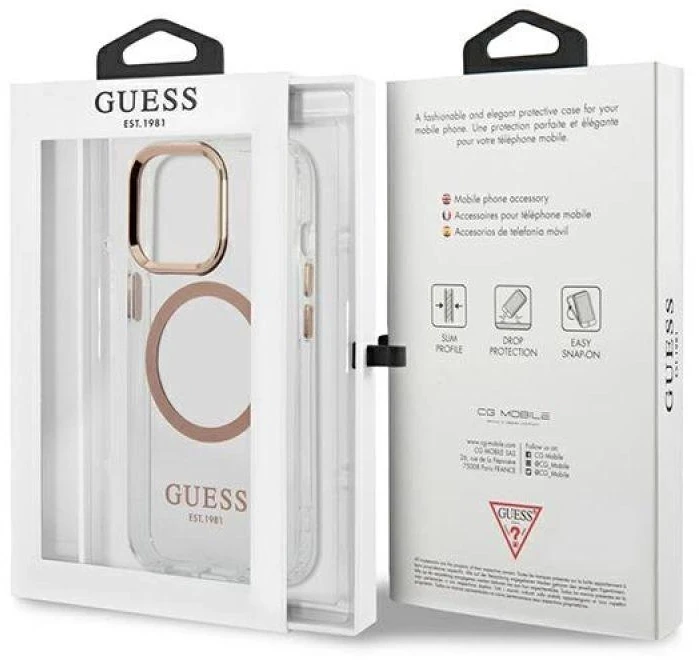 Guess GUHMP13XHTRMD Apple iPhone 13 Pro Max 6,7″ auksinis kietas dėklas Metal Outline Magsafe