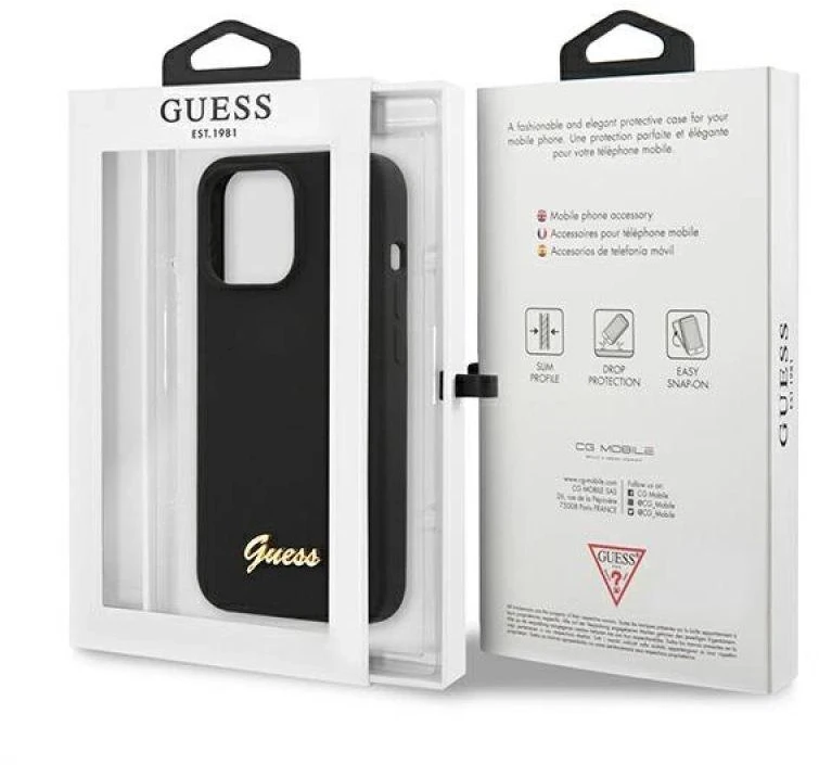 Guess GUHMP13XLSLMGBK Apple iPhone 13 Pro Max 6,7″ juodos spalvos kietas dėklas Silicone Script Gold Logo MagSafe