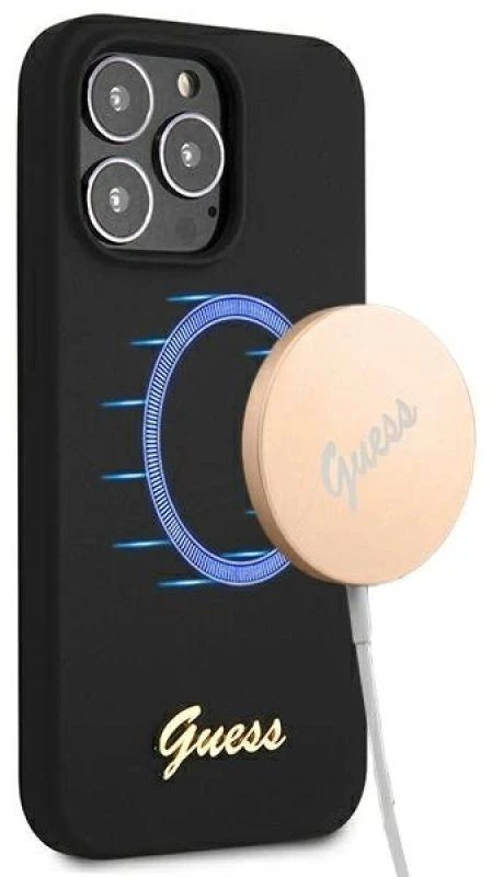 Guess GUHMP13XLSLMGBK Apple iPhone 13 Pro Max 6,7″ juodos spalvos kietas dėklas Silicone Script Gold Logo MagSafe