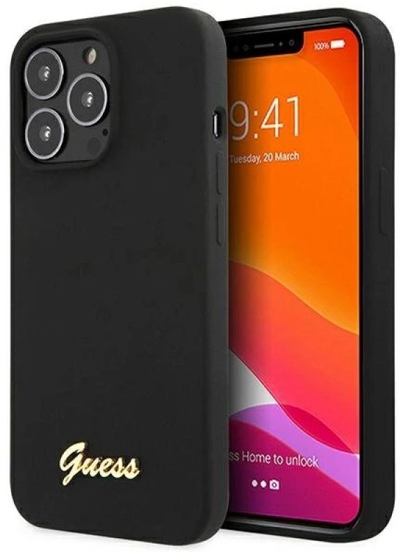 Guess GUHMP13XLSLMGBK Apple iPhone 13 Pro Max 6,7″ juodos spalvos kietas dėklas Silicone Script Gold Logo MagSafe