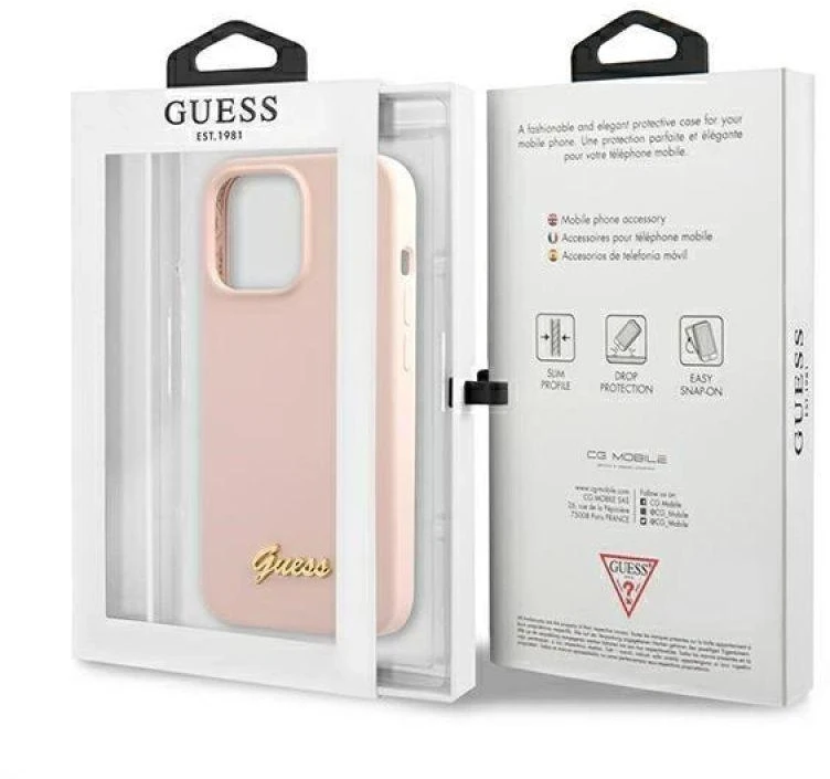 Guess GUHMP13XLSLMGLP Apple iPhone 13 Pro Max 6,7″ light rožinės spalvos kietas dėklas Silicone Script Gold Log