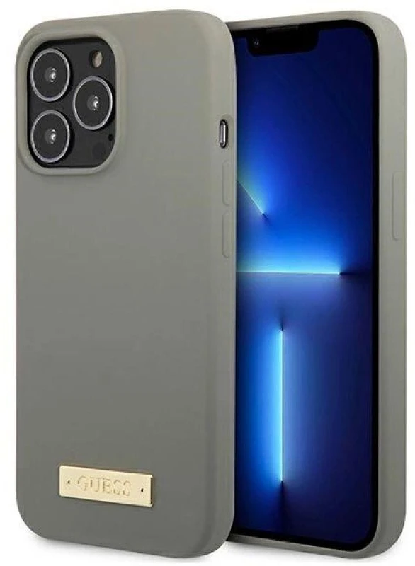 Guess GUHMP13XSPLG Apple iPhone 13 Pro Max 6,7″ pilkas kietas dėklas Silicone Logo Plate MagSafe