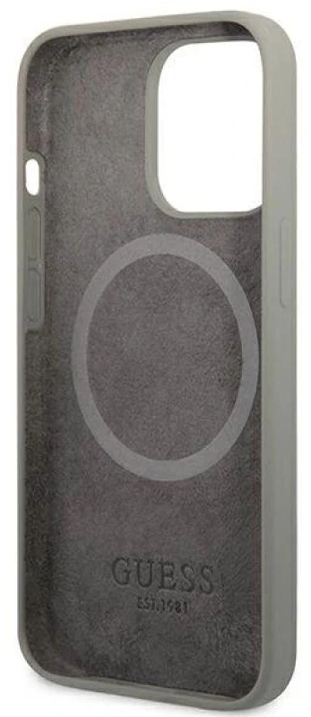Guess GUHMP13XSPLG Apple iPhone 13 Pro Max 6,7″ pilkas kietas dėklas Silicone Logo Plate MagSafe